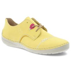 Żółte Półbuty Rieker Modne Obuwie Damskie. Żółte półbuty damskie Rieker, bez wzorów, ze skóry ekologicznej, eleganckie, bez obcasa. Za 259.00 zł.