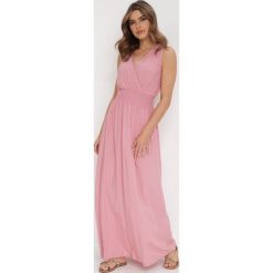 Różowa Sukienka Clymiolea. Czerwone sukienki damskie Born2be, m, bez wzorów, z tkaniny, eleganckie, bez kołnierzyka, bez ramiączek, maxi, kopertowe. W wyprzedaży za 63.99 zł.