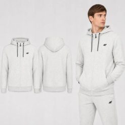 BLUZA MĘSKA DRESOWA 4F Z KAPTUREM ROZPINANA SPORTOWA KOLOR SZARY. Szare bluzy z kapturem męskie 4f, l, z bawełny. Za 129.00 zł.