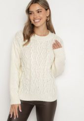 Jasnobeżowy Sweter z Wełną Ściągaczem i Tłoczeniem Riavonnae. Brązowe swetry klasyczne damskie Born2be, z jeansu, bez kołnierzyka. Za 59.99 zł.