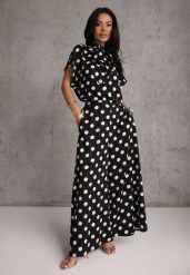 Czarny Komplet w Groszki Bluzka Wiązana przy Szyi i Spodnie Wide Leg Firerun. Czarne spodnie materiałowe damskie Renee, bez wzorów, klasyczne. Za 139.99 zł.