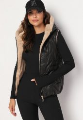 Czarno-Beżowa Pikowana Kamizelka ze Sztucznym Futerkiem na Suwak Timitha. Czarne kamizelki damskie Born2be, s, z materiału. Za 139.99 zł.