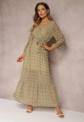 Żółto-Zielona Sukienka Kopertowa z Falbanką i Wiązanym Paskiem Gjerana. Żółte sukienki damskie Renee, na spacer, l, bez wzorów, eleganckie, bez kołnierzyka, bez ramiączek, maxi, kopertowe. W wyprzedaży za 97.99 zł.