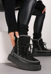 Czarne Śniegowce na Grubej Podeszwie Ozdobione Sznurowaniem Melindria. Czarne śniegowce damskie Born2be, z jeansu. Za 79.99 zł.