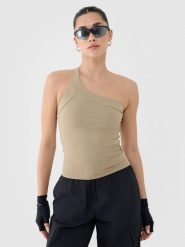 4F Crop-top slim z asymetrycznym ramiączkiem damski - beżowy L. Brązowe topy damskie 4f, l, bez wzorów, z dzianiny, z asymetrycznym kołnierzem. W wyprzedaży za 19.99 zł.