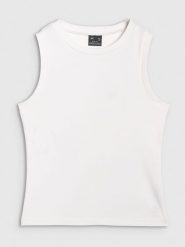 4F Top slim gładki damski - biały L. Białe topy damskie 4f, l, bez wzorów, z bawełny, bez kołnierzyka. Za 39.99 zł.