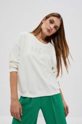 Bluza z napisem perłowa. Białe bluzy bez kaptura damskie MOODO, m, z bawełny. W wyprzedaży za 59.99 zł.
