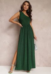 Zielona Brokatowa Sukienka Maxi z Asymetryczną Górą i Rozkloszowanym Dołem Eulita. Zielone sukienki damskie Renee, na imprezę, l, bez wzorów, eleganckie, z asymetrycznym kołnierzem, bez ramiączek, maxi, asymetryczne. W wyprzedaży za 146.99 zł.