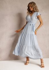 Jasnoniebieska Sukienka Tantysus. Niebieskie sukienki damskie Renee, na co dzień, na lato, l, bez wzorów, z materiału, bez kołnierzyka, bez ramiączek, maxi, kopertowe. W wyprzedaży za 83.99 zł.