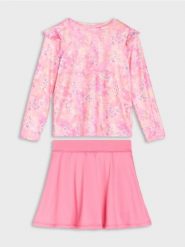 Komplet z ochroną przeciwsłoneczną UPF50+: bluzka i spódnica z kolarkami - różowy. Czerwone koszulki dziewczęce Sinsay, l, bez wzorów, z dzianiny, bez ramiączek. Za 29.99 zł.