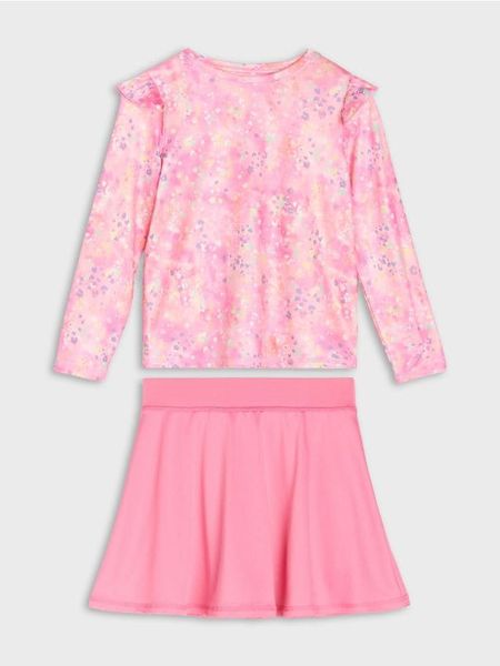 Komplet z ochroną przeciwsłoneczną UPF50+: bluzka i spódnica z kolarkami - różowy. Czerwone koszulki dziewczęce Sinsay, l, bez wzorów, z dzianiny, bez ramiączek. Za 29.99 zł.