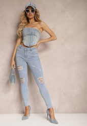 Jasnoniebieskie Casualowe Jeansy Skinny High Waist Ozdobione Przetarciami na Nogawkach Cannesi. Niebieskie jeansy damskie Renee, z podwyższonym stanem. Za 49.99 zł.