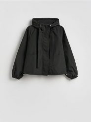 Kurtka z kapturem - czarny. Czarne kurtki damskie Reserved, l, bez wzorów, z tkaniny, z kapturem. Za 179.99 zł.