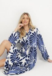 Niebieska Sukienka z Wiskozą o Rozkloszowanym Kroju z Motywem Roślinnym Korisaria. Niebieskie sukienki damskie Born2be, na co dzień, l, bez wzorów, z wiskozy, eleganckie, bez kołnierzyka, bez ramiączek, maxi, kopertowe. W wyprzedaży za 119.99 zł.