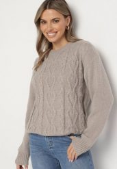 Szary Sweter z Wełną Ściągaczem i Tłoczeniem Riavonnae. Szare swetry klasyczne damskie Born2be, z jeansu, bez kołnierzyka. Za 59.99 zł.