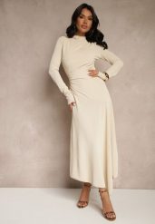 Beżowa Asymetryczna Sukienka Koktajlowa z Ozdobnymi Guzikami Dralriti. Brązowe sukienki damskie Renee, m, bez wzorów, eleganckie, z asymetrycznym kołnierzem, bez ramiączek, maxi, asymetryczne. W wyprzedaży za 143.99 zł.