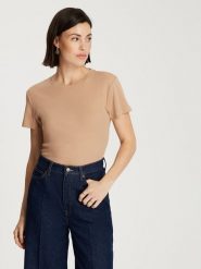 Cross Jeans Koszulka w kolorze beżowym rozmiar: S. Brązowe bluzki damskie Cross Jeans, s, bez wzorów, z jeansu, bez kołnierzyka, bez ramiączek. Za 43.78 zł.