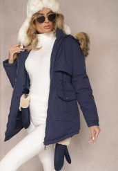 Granatowa Kurtka Parka z Odpinanym Kapturem i Futerkiem Veazee. Niebieskie kurtki damskie Renee, na zimę, l, bez wzorów, z jeansu. Za 169.99 zł.