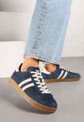 Granatowe Sneakersy Tenisówki Ozdobione Paskami Nilavara. Niebieskie trampki i tenisówki damskie Renee, bez wzorów, z jeansu. Za 159.99 zł.