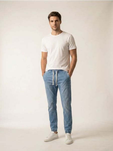 Jeansy regular jogger z efektem sprania - niebieski. Niebieskie jeansy męskie Sinsay. Za 59.99 zł.