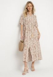 Ciemnobeżowa Sukienka z Wiskozy o Pudełkowym Kroju w Ornamentalny Wzór Ridisa. Brązowe sukienki damskie Born2be, na co dzień, l, bez wzorów, z wiskozy, eleganckie, bez kołnierzyka, bez ramiączek, maxi, kopertowe. W wyprzedaży za 71.99 zł.