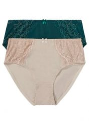Figi z wysokim stanem z delikatną koronką (2 pary). Zielone figi damskie bonprix, bez wzorów, z koronki. Za 64.99 zł.