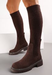 Brązowe Kozaki w Cyrkonie z Elastyczną Cholewką przed Kolano Jeanlli. Brązowe kozaki damskie Renee, z wełny, przed kolano, bez obcasa, na obcasie. Za 149.99 zł.