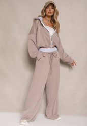 Jasnobrązowy Komplet Dresowy z Wiskozą Bluza i Spodnie o Szerokim Kroju Melriva. Brązowe bluzy z kapturem damskie Renee, bez wzorów, z dresówki. Za 169.99 zł.