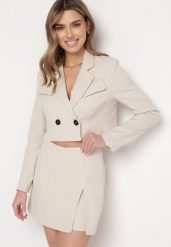 Beżowe Eleganckie Spódnico-Spodenki z Rozcięciem Jelrina. Brązowe szorty damskie Born2be, bez wzorów, eleganckie, z podwyższonym stanem. Za 99.99 zł.