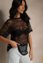 Czarna Transparentna Bluzka z Wiskozą z Koronki Liovenne. Czarne bluzki damskie Renee, bez wzorów, z jeansu, eleganckie, bez kołnierzyka, bez ramiączek. Za 54.99 zł.