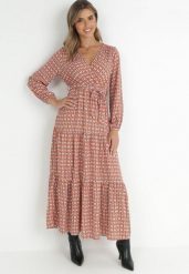 Pomarańczowa Sukienka z Kopertowym Dekoltem i Falbaną na Dole Irelile. Brązowe sukienki damskie Born2be, na co dzień, l, bez wzorów, z tkaniny, eleganckie, bez kołnierzyka, bez ramiączek, maxi, kopertowe. Za 109.99 zł.