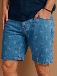 Szorty jeansowe w palmy - niebieski. Niebieskie szorty męskie Sinsay, z jeansu, bez kołnierzyka. Za 49.99 zł.