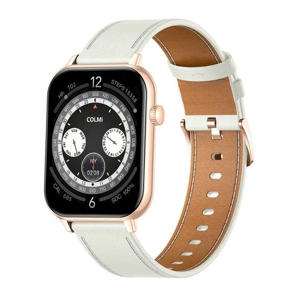 Smartwatch COLMI C28 Złoty + biały skórzany pasek. Białe paski męskie COLMIC, z aplikacjami, biznesowe. Za 149.00 zł.