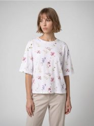 Bawełniana koszulka z motywem roślinnym - Inny. T-shirty damskie Sinsay, l, bez wzorów, z bawełny, bez kołnierzyka. Za 25.99 zł.