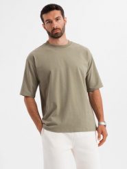 Męski t-shirt bawełniany LOOSE FIT z okrągłym dekoltem – khaki V8 OM-TSBC-0234 - XXL. Brązowe t-shirty męskie Ombre Clothing, l, bez wzorów, z bawełny, bez kołnierzyka. Za 77.99 zł.