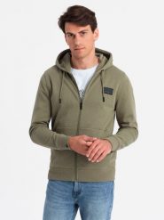 Rozpinana bluza męska dresowa z kapturem i patchem – oliwkowa V4 OM-SSZP-0140 - S. Zielone bluzy z kapturem męskie Ombre Clothing, m, z bawełny. W wyprzedaży za 99.99 zł.