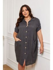 Plus Size Company Lniana sukienka "Claudine" w kolorze antracytowym rozmiar: 38. Czarne sukienki damskie Plus Size Company, plus size, bez wzorów, ze lnu, klasyczne, bez kołnierzyka, plus size, bez ramiączek, mini. Za 118.28 zł.