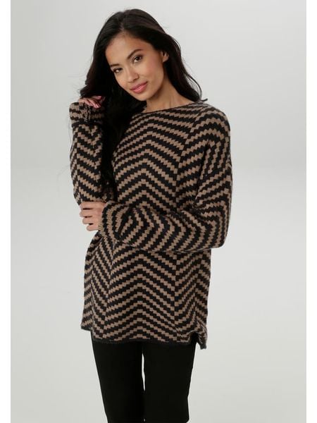 Aniston Sweter w kolorze jasnobrązowo-czarnym rozmiar: 40. Brązowe swetry klasyczne damskie Aniston, bez kołnierzyka. Za 69.58 zł.