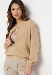 Beżowa Bluza Bomberka z Kieszeniami z Kaplami Bervialia. Brązowe bluzy bez kaptura damskie Born2be, plus size. Za 74.99 zł.