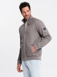 Kurtka męska z wysokim kołnierzem i polarowym wnętrzem – popielata V2 OM-JANP-0154 - XXL. Szare kurtki męskie Ombre Clothing, na lato, l, z aplikacjami, z polaru, eleganckie, bez kaptura. Za 161.99 zł.