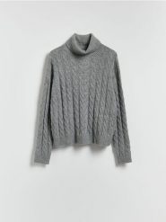 Golf z ozdobnym splotem - szary. Szare golfy damskie Reserved, l, bez wzorów, z dzianiny, bez ramiączek. W wyprzedaży za 89.99 zł.