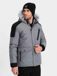 Zimowa kurtka męska z regulowanym kapturem z odpinanym futerkiem - szaro-czarna V1 - Rozmiar: XXL. Szare kurtki męskie Ombre Clothing, na zimę, m, bez wzorów. W wyprzedaży za 199.99 zł.