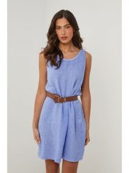 Le Monde du Lin Lniana sukienka w kolorze niebieskim rozmiar: 36/38. Niebieskie sukienki damskie Le Monde du Lin, bez wzorów, ze lnu, klasyczne, bez kołnierzyka, bez ramiączek, mini. Za 128.55 zł.