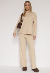 Beżowy Sweterkowy Komplet Sweter z Półgolfem i Szerokie Spodnie Alatusa. Brązowe spodnie materiałowe damskie Born2be, bez wzorów, z dzianiny. Za 139.99 zł.