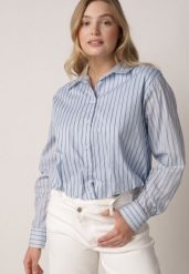 Niebieska Bawełniana Koszula Oversize w Pionowe Paski z Gumką Kycer. Niebieskie koszule damskie Born2be, l, bez wzorów, z bawełny, eleganckie, bez kołnierzyka, bez ramiączek. Za 139.99 zł.