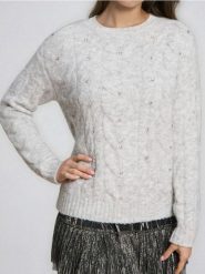 Sweter z cyrkoniami i domieszką wełny - szary. Szare swetry klasyczne damskie Sinsay, l, z wełny, bez kołnierzyka. Za 69.99 zł.