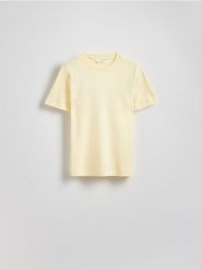 T-shirt regular z merceryzowanej bawełny - kremowy. Białe t-shirty damskie Reserved, l, bez wzorów, z bawełny, bez kołnierzyka. W wyprzedaży za 59.99 zł.