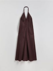 Lniana sukienka midi - ciemnobrązowy. Brązowe sukienki damskie Reserved, l, bez wzorów, bez kołnierzyka, bez ramiączek, midi, rozkloszowane. Za 259.99 zł.