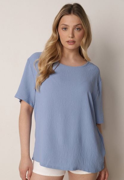 Niebieski Minimalistyczny T-shirt z Teksturowanej Tkaniny z Bawełną Shinost. Niebieskie t-shirty damskie Born2be, plus size, bez wzorów, z bawełny, bez kołnierzyka. Za 49.99 zł.