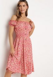 Fuksjowa Sukienka Hiszpanka z Elastyczną Gumką w Talii z Bawełny Oaias. Czerwone sukienki damskie Born2be, na co dzień, m, bez wzorów, z bawełny, eleganckie, bez kołnierzyka, bez ramiączek, midi, proste. W wyprzedaży za 43.99 zł.